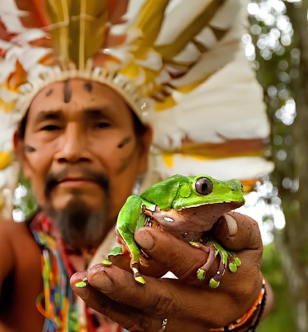Portrait d’un homme en tenue traditionnelle tenant une grenouille associée au Kambo